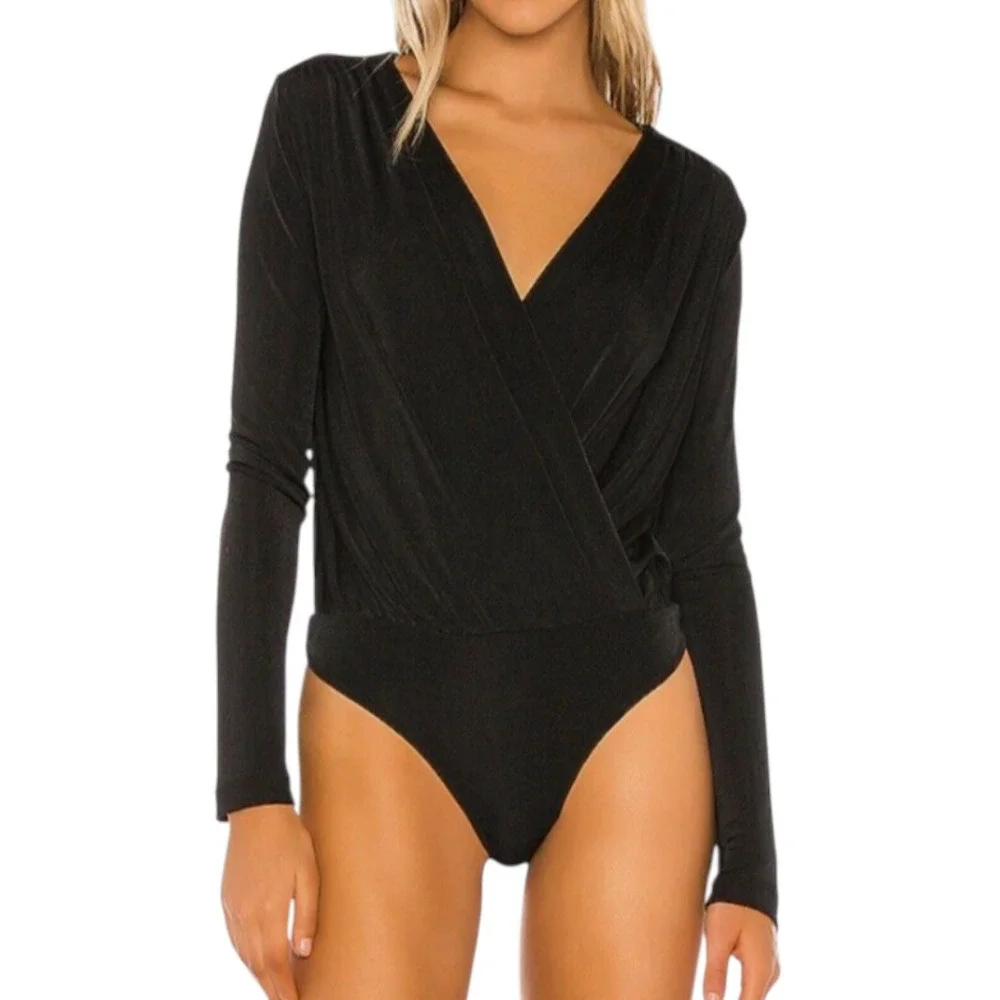 INTIMATELY FREE PEOPLE Black Thick Knit TURNT BODYSUIT TOP Deep V-Neck Thong S